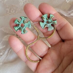 Vintage 1950s Artisan Copper Brass Modernist Flower Brooch Verdigris Patina MCM